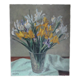 Oil painting on canvas bouquet of iris signed and side