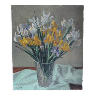 Oil painting on canvas bouquet of iris signed and side