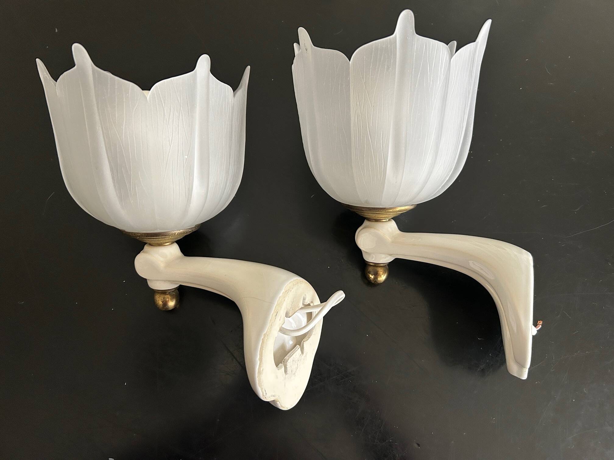 pair of ceramic and frosted glass wall lights 1950