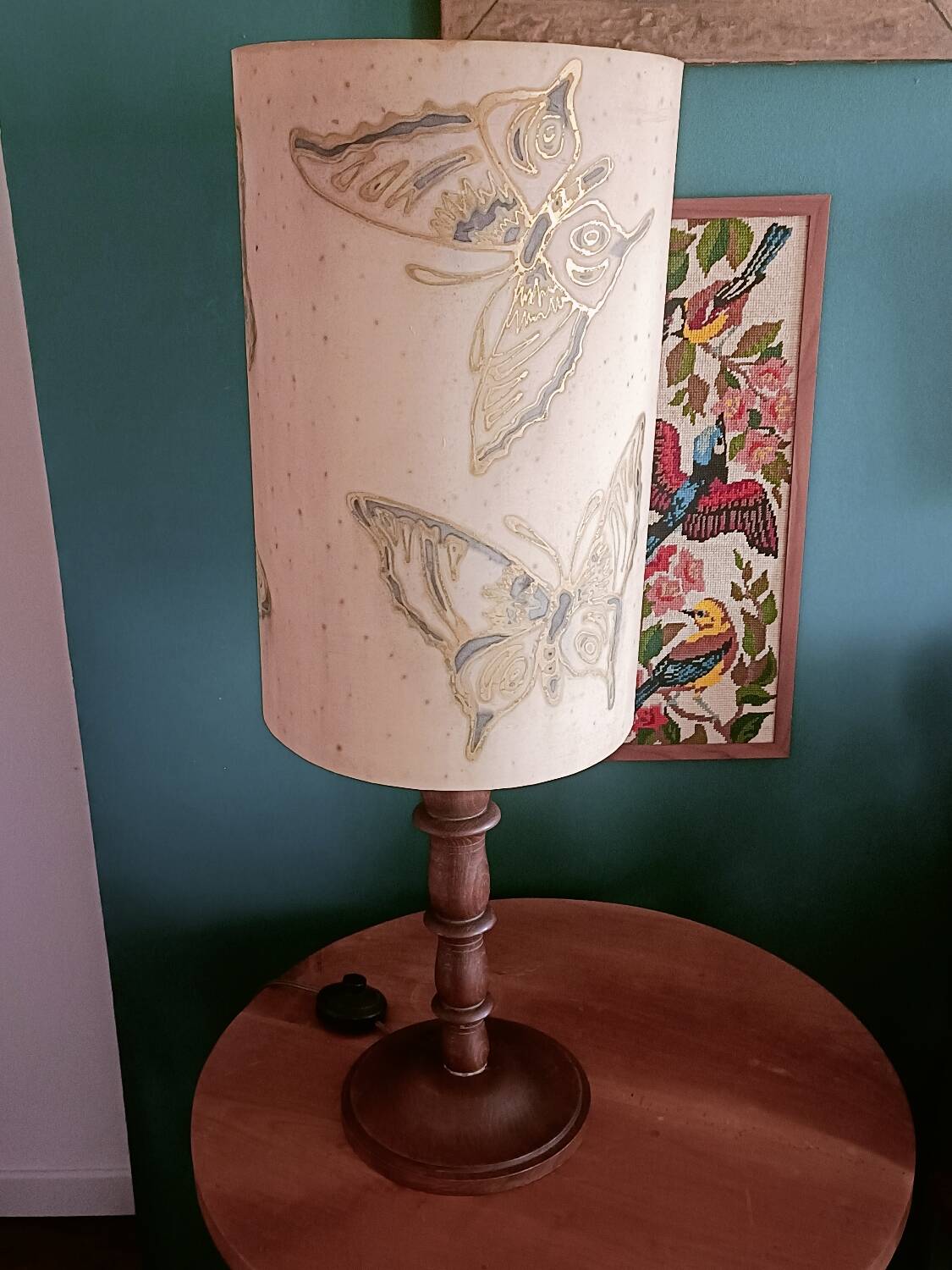 Turned wood lamp and silk lampshade
