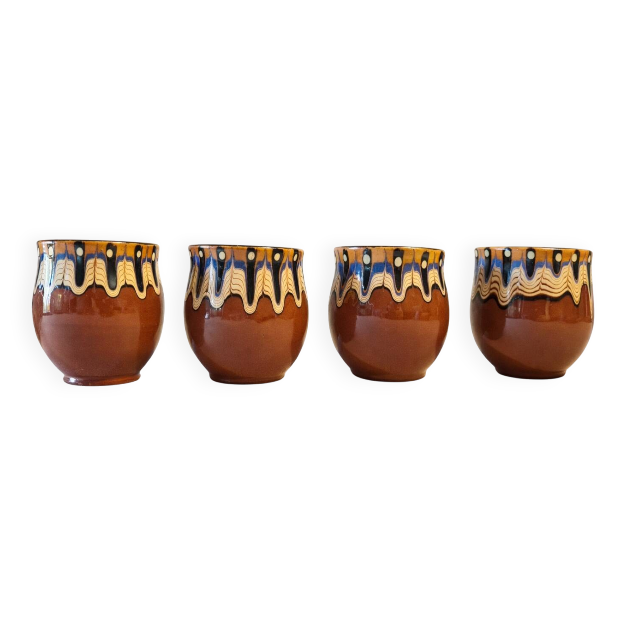 Set of 4 Bulgarian ceramic Troyan mugs from the 1970s, vintage glazed stoneware.