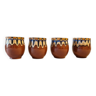 Set of 4 Bulgarian ceramic Troyan mugs from the 1970s, vintage glazed stoneware.