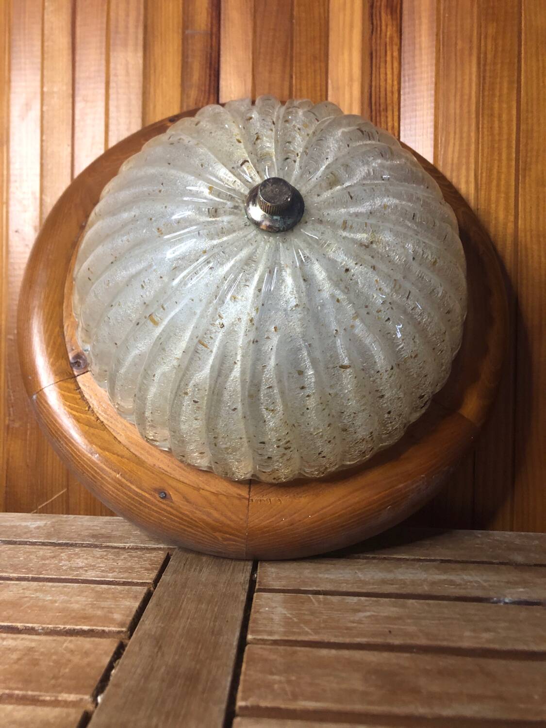 Old golden bubble glass ceiling light + vintage wood contour #a390