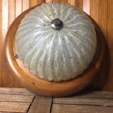 Ancien plafonnier verre bullé doré + contour bois vintage #a390
