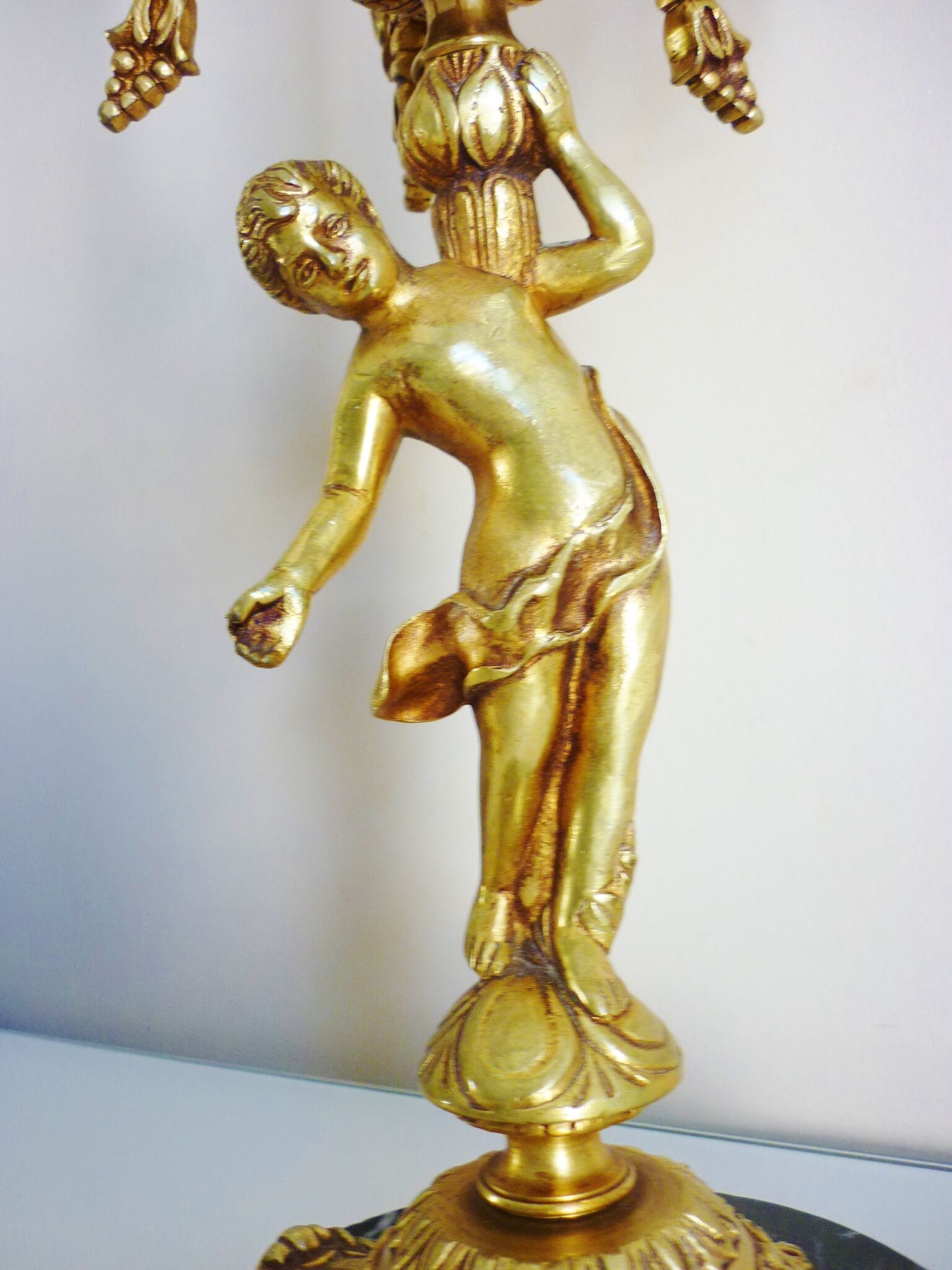 Candelabra, 6-pointed candlestick, marble, bronze, putti decoration, putto