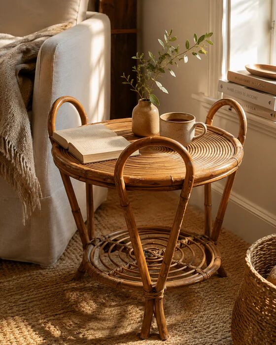 Vintage Sculptural Two-Tier Rattan Side Table with Loop Handles, Japan, 1970s