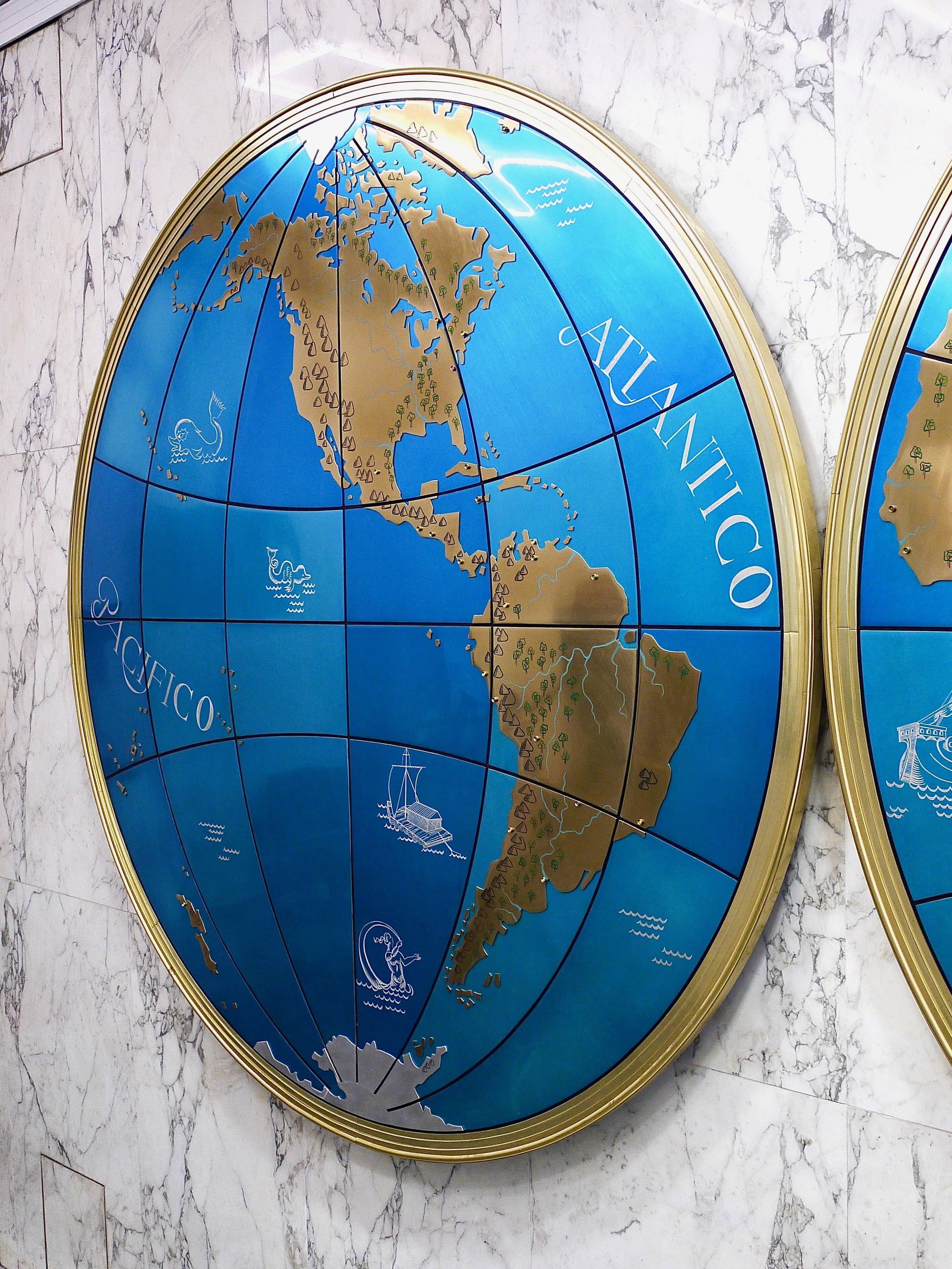 Impressive pair of two giant modern wall globes, world map, diameter 95 inches, 1950s.