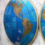 Impressive pair of two giant modern wall globes, world map, diameter 95 inches, 1950s.