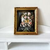 Old frame curved glass square dried flowers and fabric