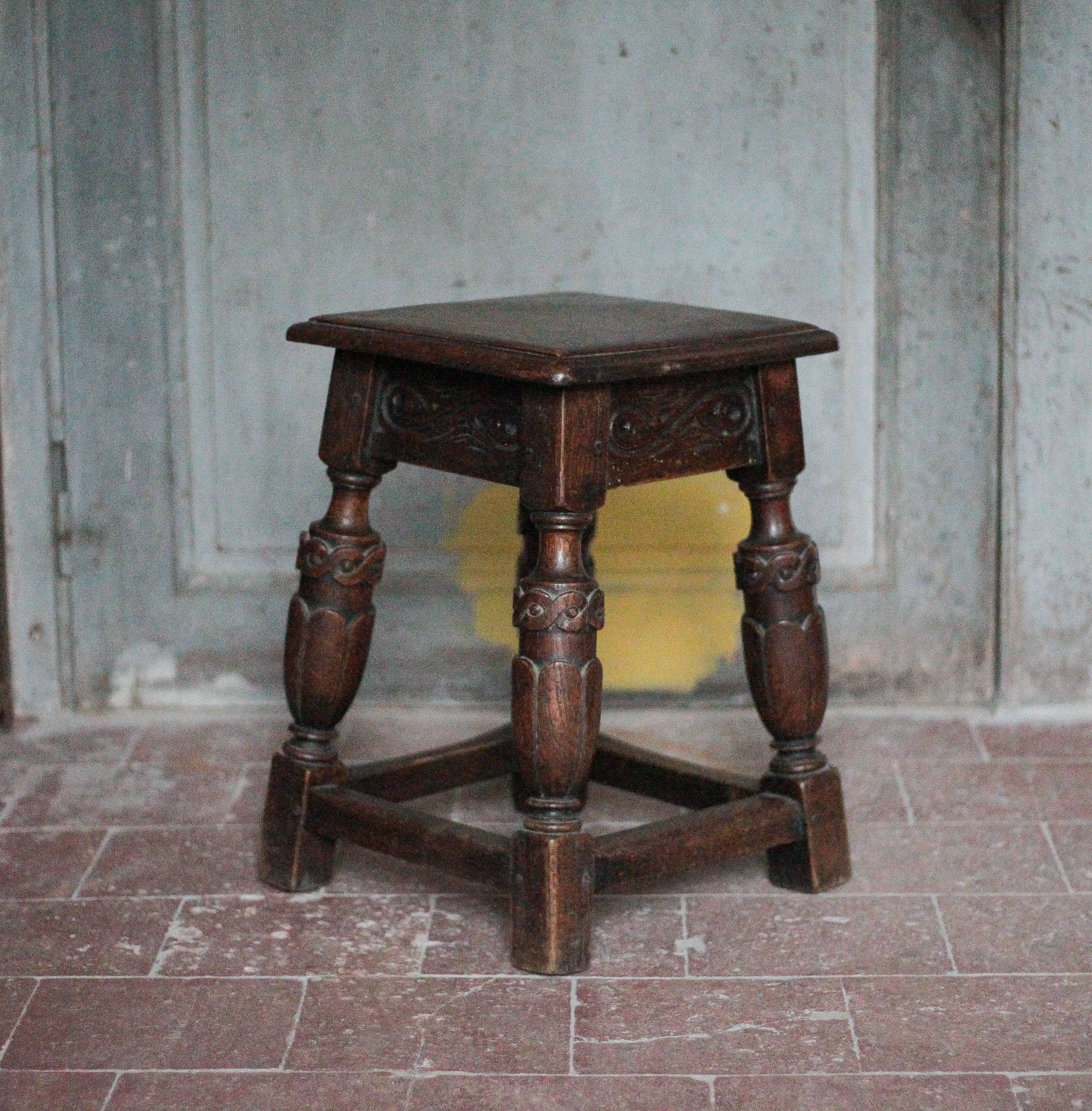 Antique wooden stool in Elizabethan English style, occasional stool