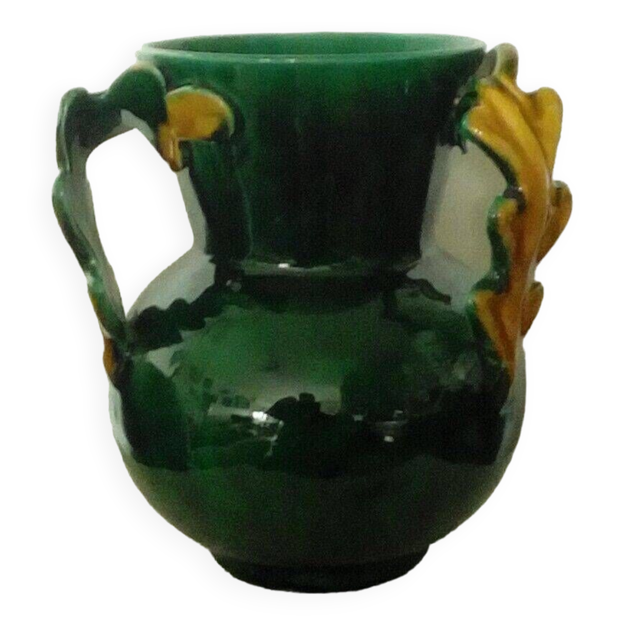 Earthenware vase with 3 handles of Vallauris oak leaves, 1950s vintage