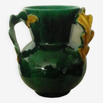 Earthenware vase with 3 oak leave handles vallauris 1950s vintage
