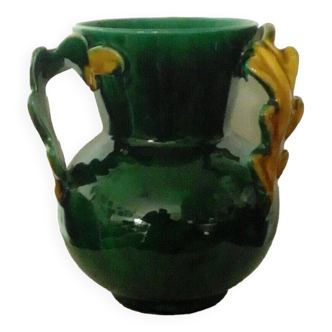 Earthenware vase with 3 handles of Vallauris oak leaves, 1950s vintage