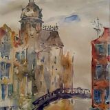 Modern painting of the Bridge in Venice attributed to Guy Petit.