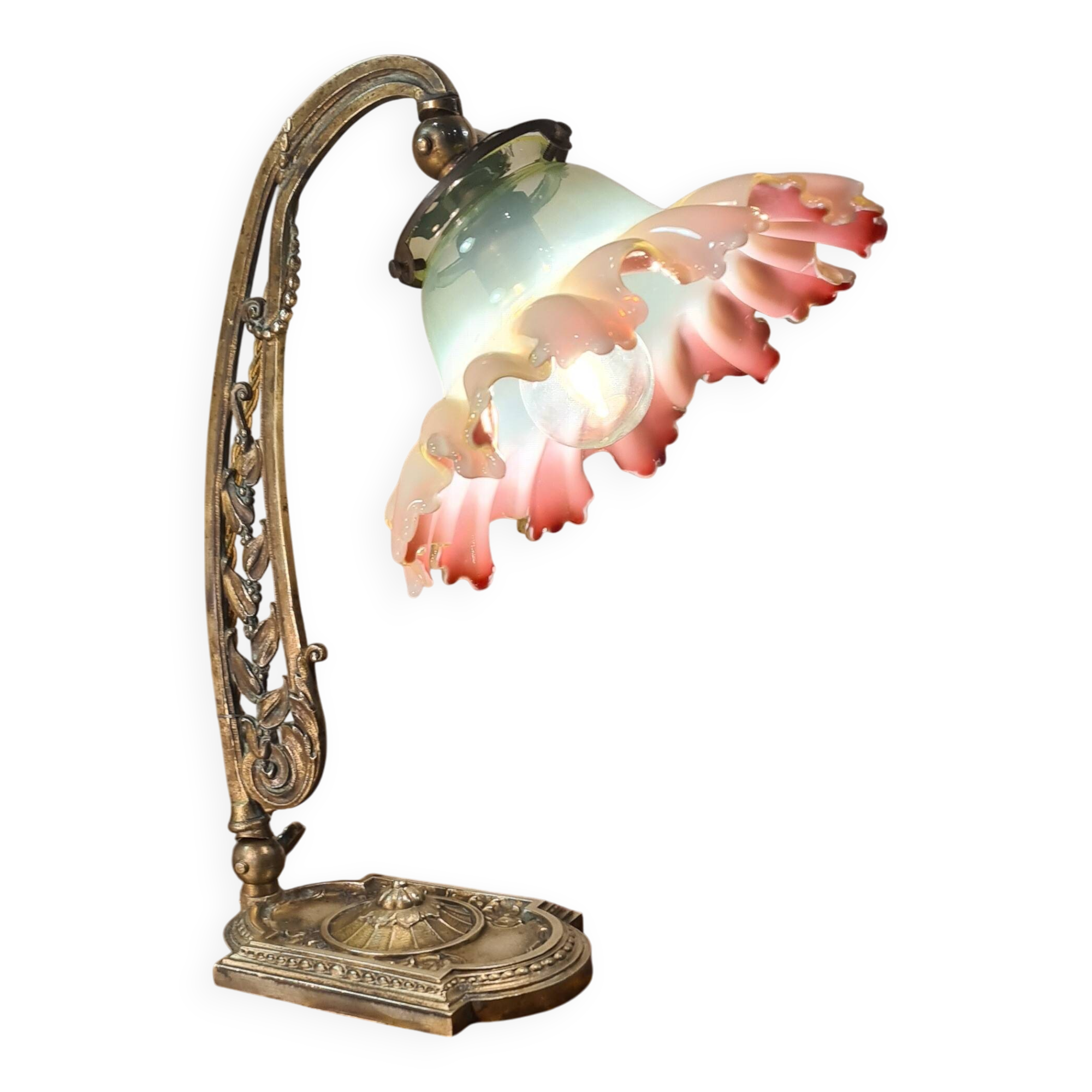 old art nouveau bronze lamp 30x25 with opalescent tulip red interior very rare