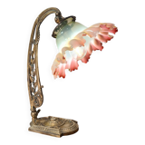 old art nouveau bronze lamp 30x25 with opalescent tulip red interior very rare