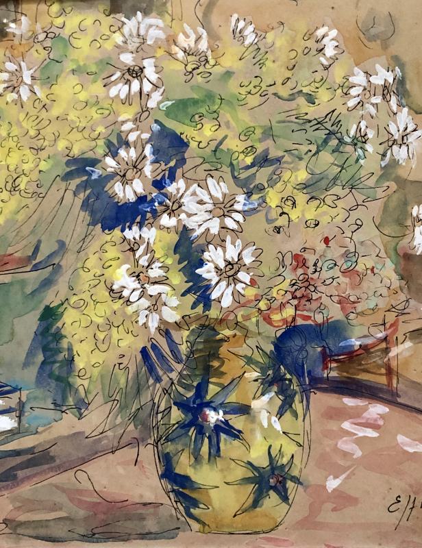1930s/1950s, Watercolor Gouachée Figurant Un Intérieur Au Bouquet De Fleurs.