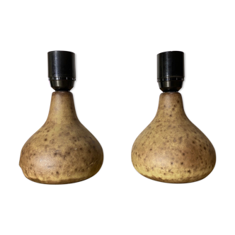 Set of 2 handmade vintage table lamps from denmark | brown dotted colored scandinavian ceramic lamps