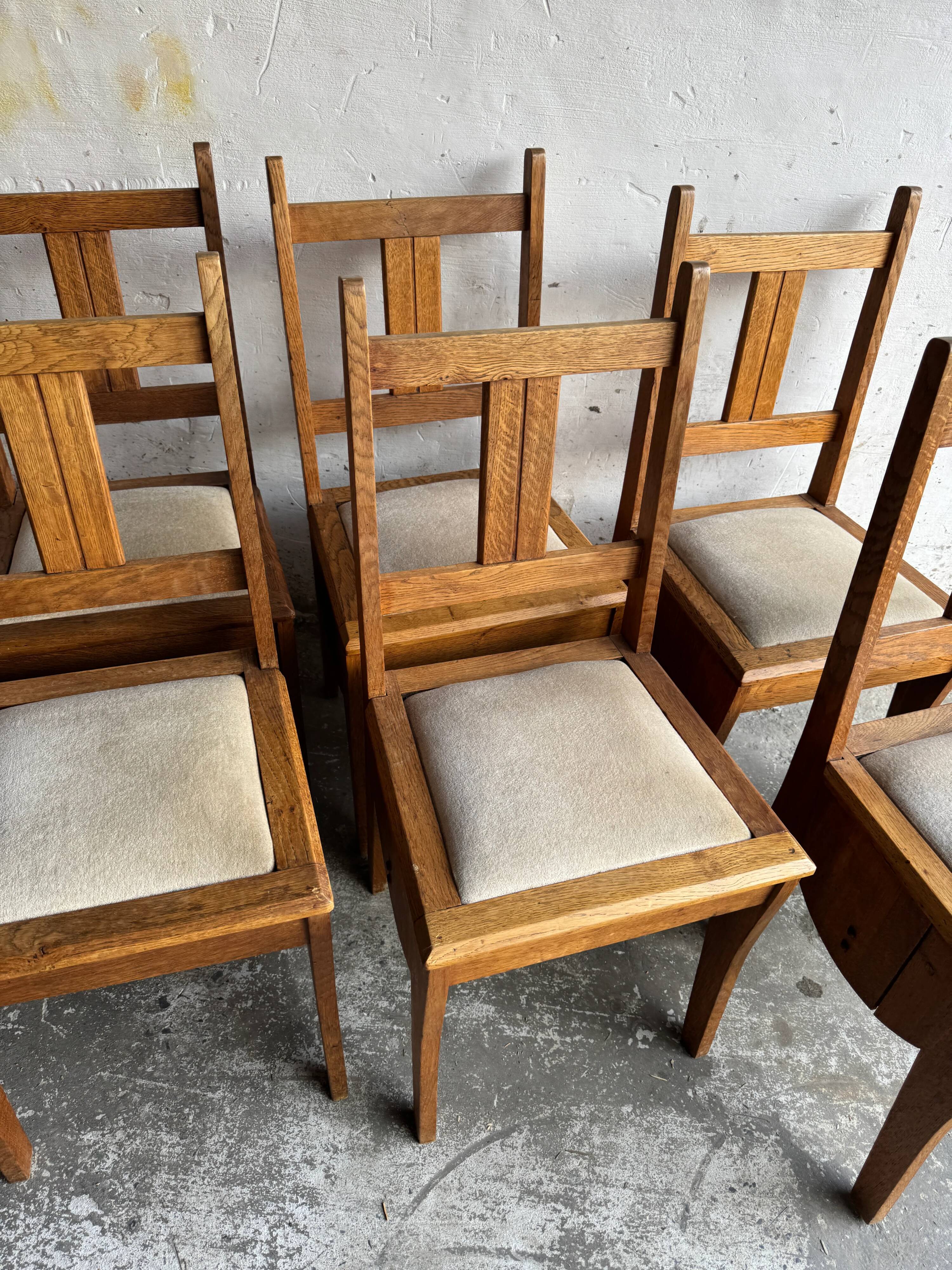 Set of 6 Amsterdamse School Art Deco Dining Chairs, Warm Oak Wood with Beige Upholstery