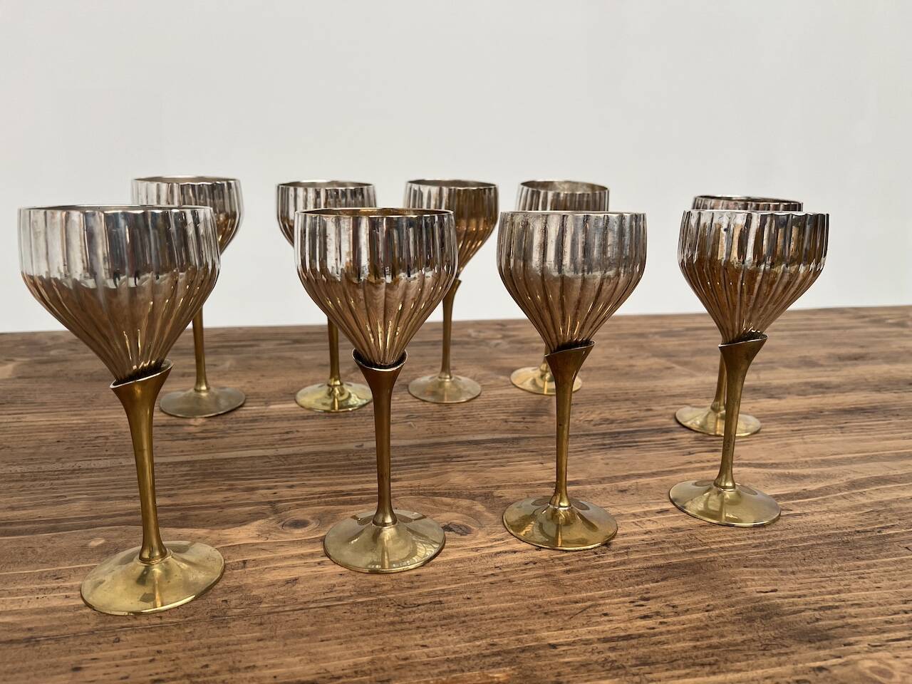 9 old glasses in silver metal and brass