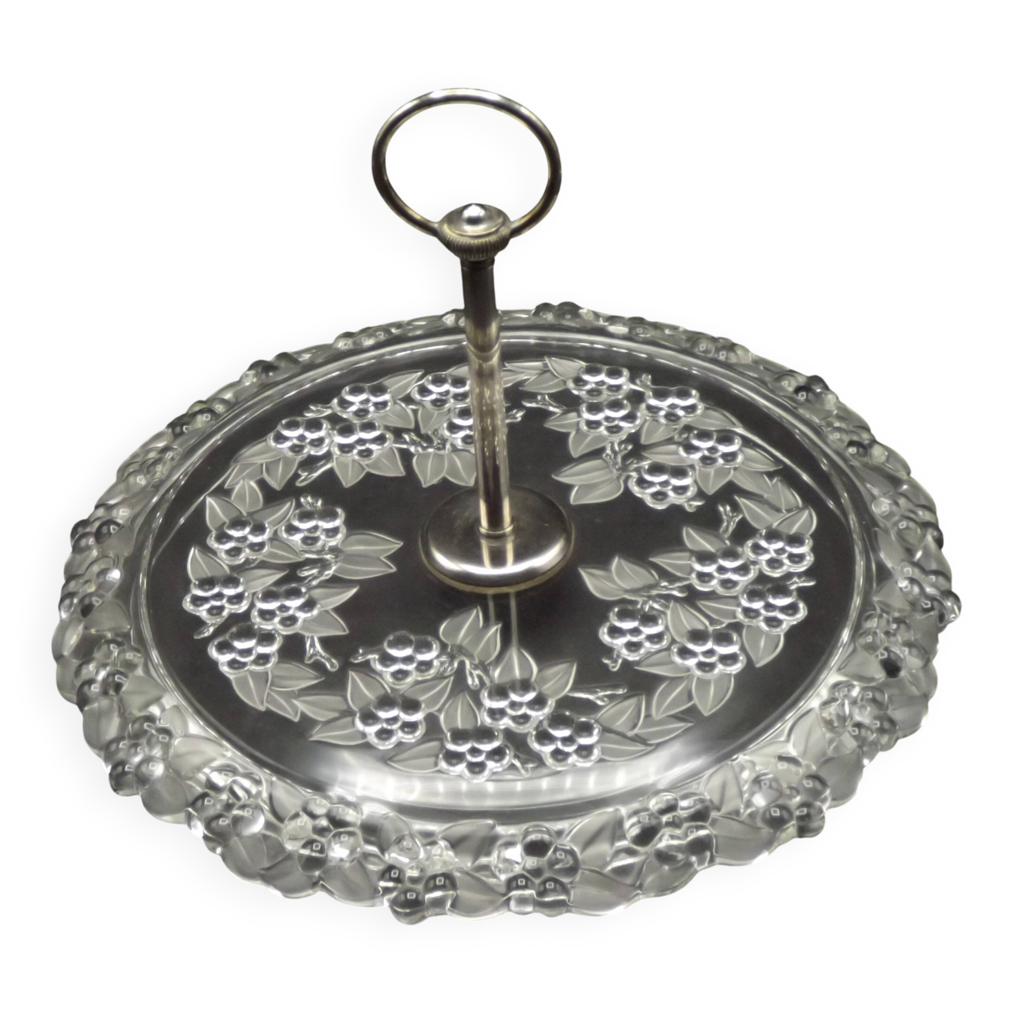 Vintage French cheese and sandwich serving plate, pressed glass with floral pattern.