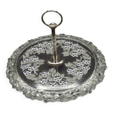 Vintage French cheese and sandwich serving plate, pressed glass with floral pattern.