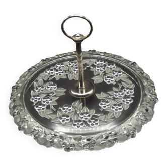 Vintage French cheese and sandwich serving plate, pressed glass with floral pattern.