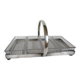 Silver metal aperitif server & 4 art deco glass ramequins/dishes