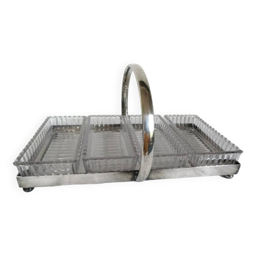 Silver metal aperitif server & 4 art deco glass ramequins/dishes