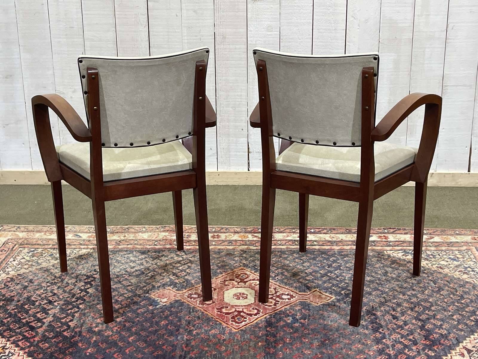 Pair of Art Deco bridge chairs in beech and imitation leather from the 1950s
