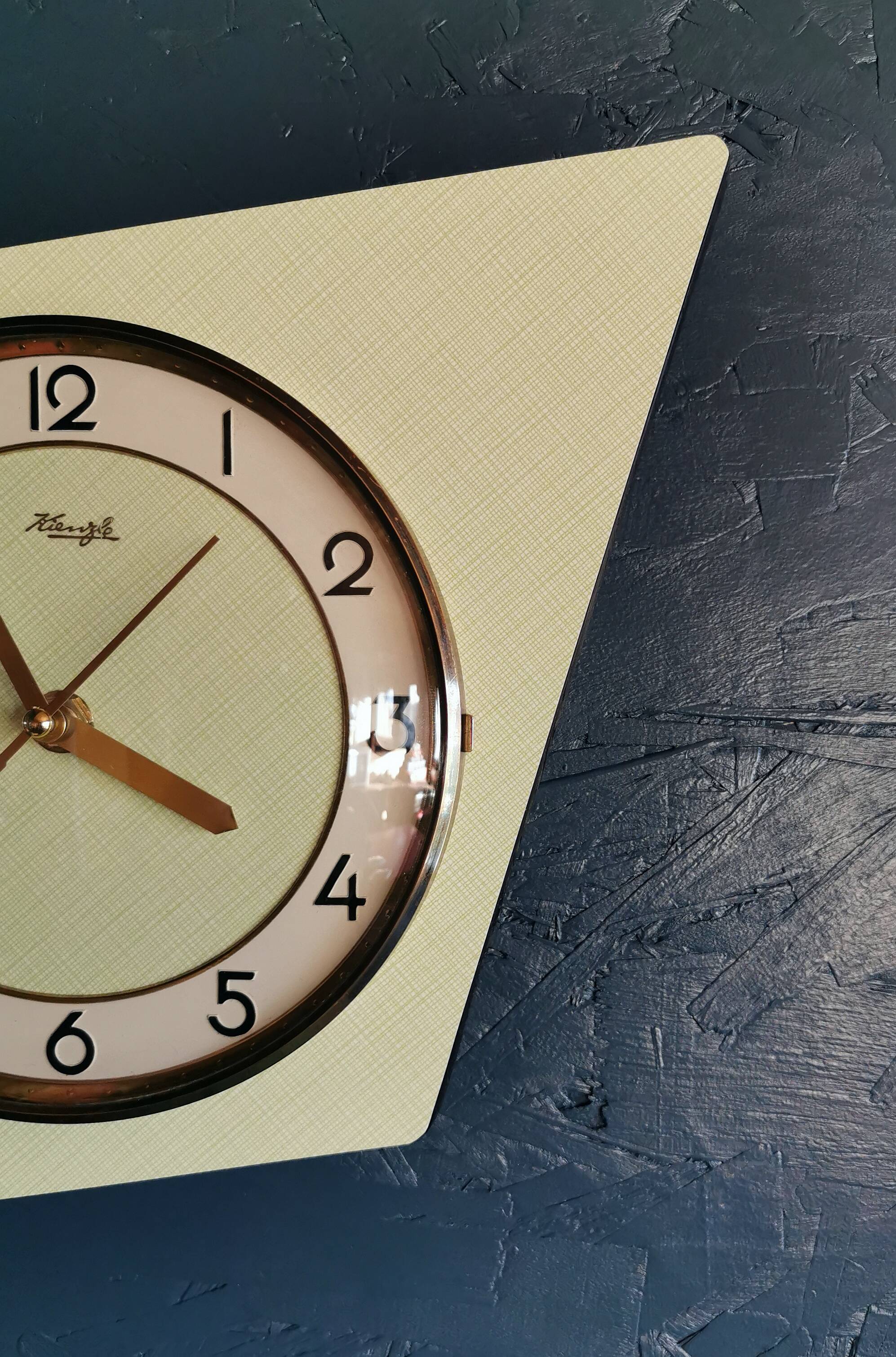 Vintage formica clock silent asymmetrical wall pendulum "Kienzle green"