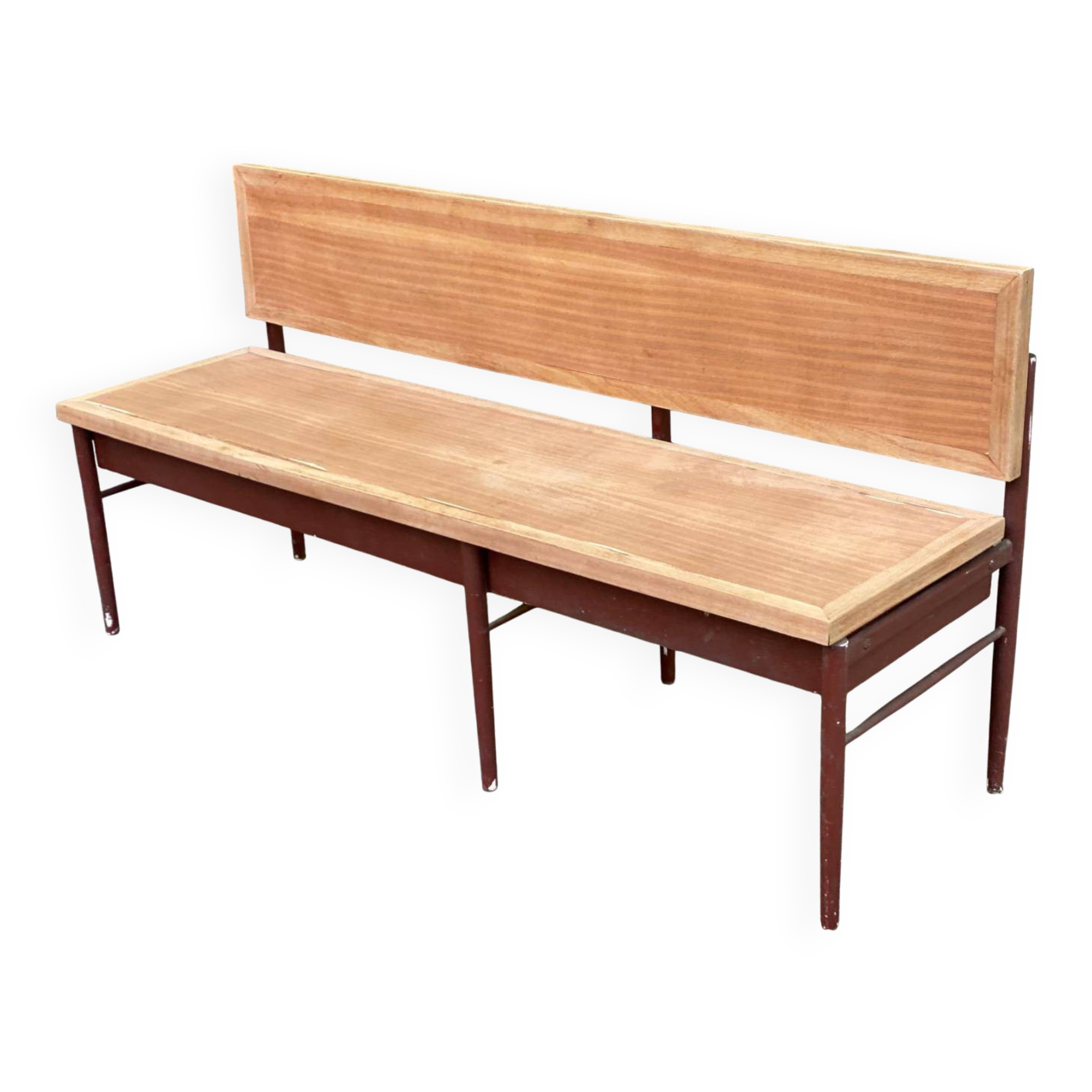 Grand banc d'école vintage 170 cm de 3/4 places en bois brut poncé métal 19