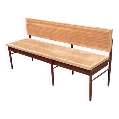 Grand banc d'école vintage 170 cm de 3/4 places en bois brut poncé métal 19