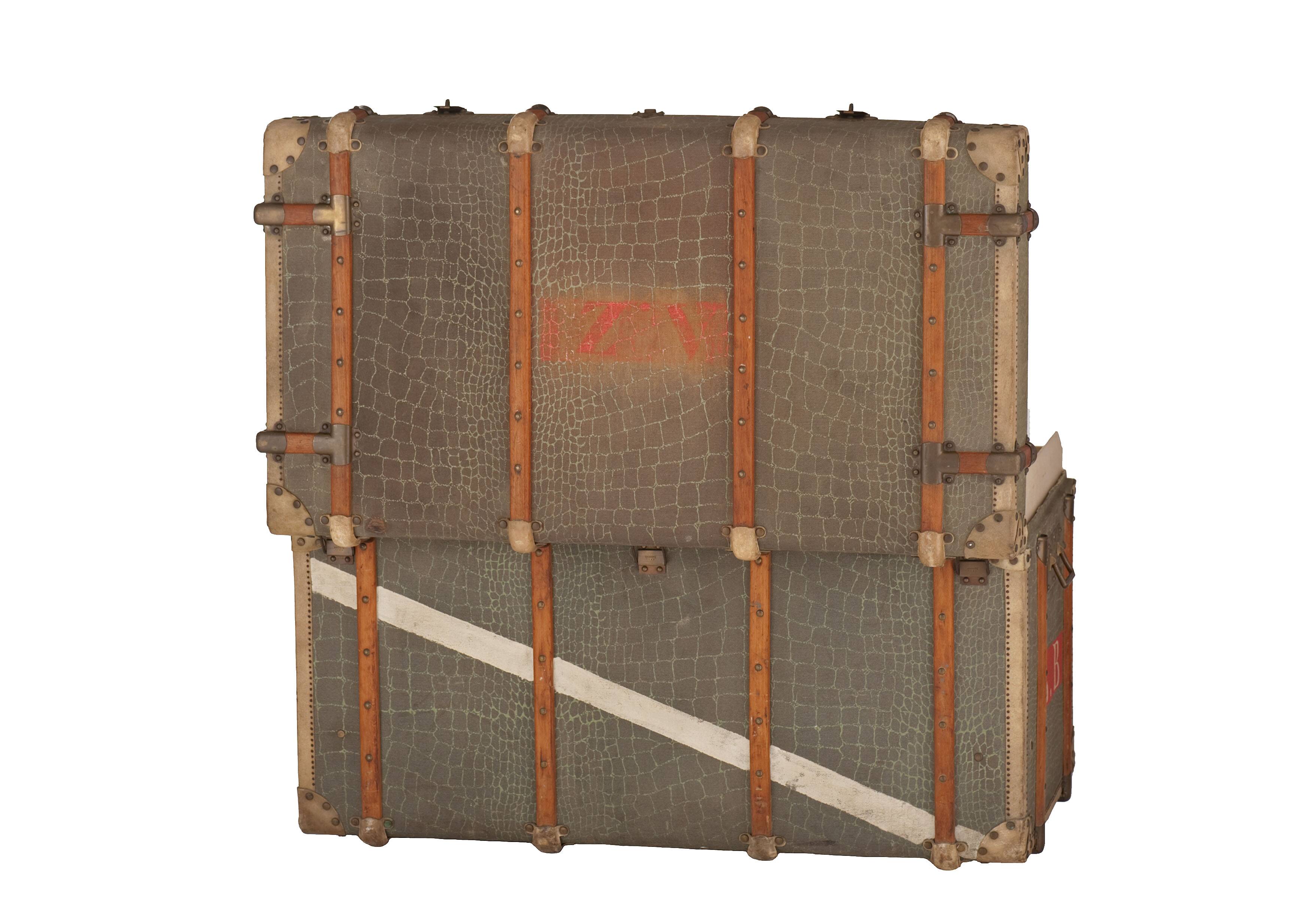 Anc Large cabin trunk in khaki canvas with a snakeskin effect, wood & brass