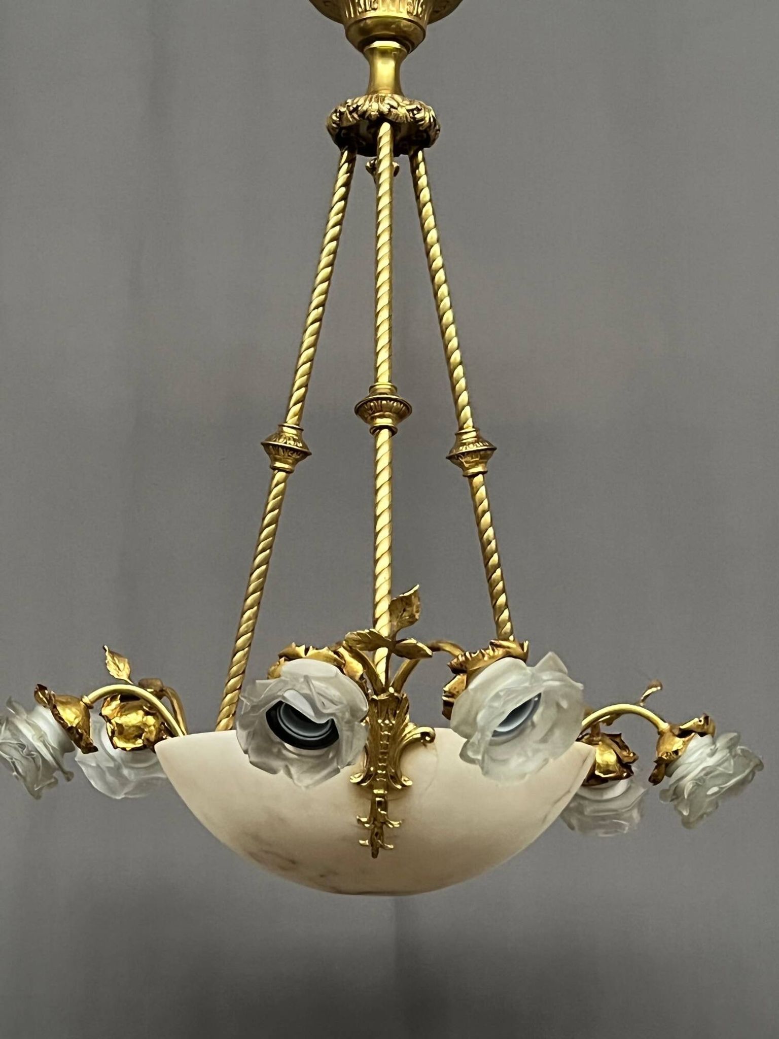 Art Deco chandelier. Marble, solid gilded bronze.