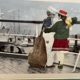 Old Color Print Sailor Children On The Naval Port + Green Wood Frame #B540