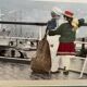 Old Color Print Sailor Children On The Naval Port + Green Wood Frame #B540