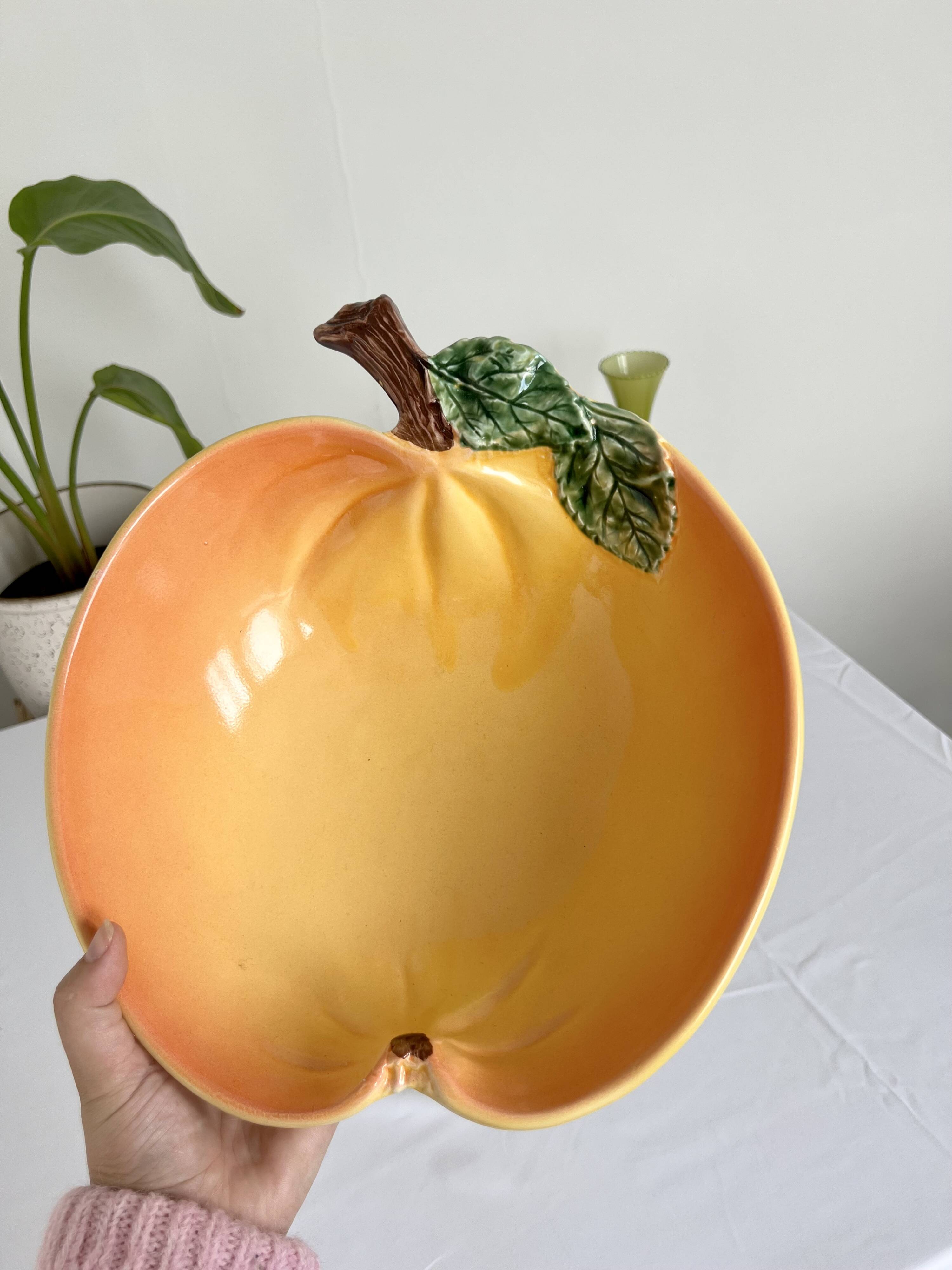 Large vintage salad bowl slip apple shape hand painted earthenware