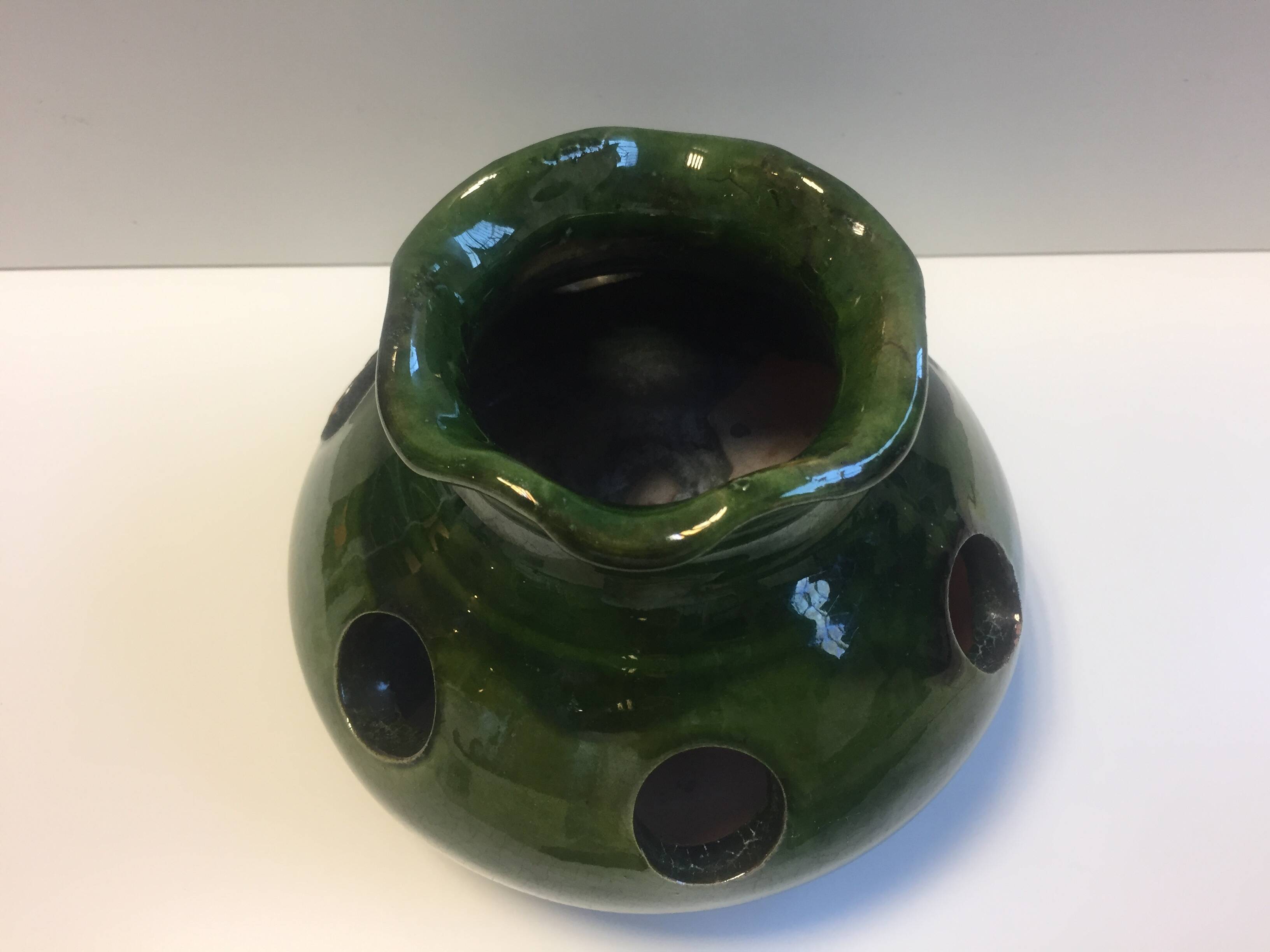Old Bulb Pot Vase or Brasero Candle Holder Green Enameled Terracotta Pottery