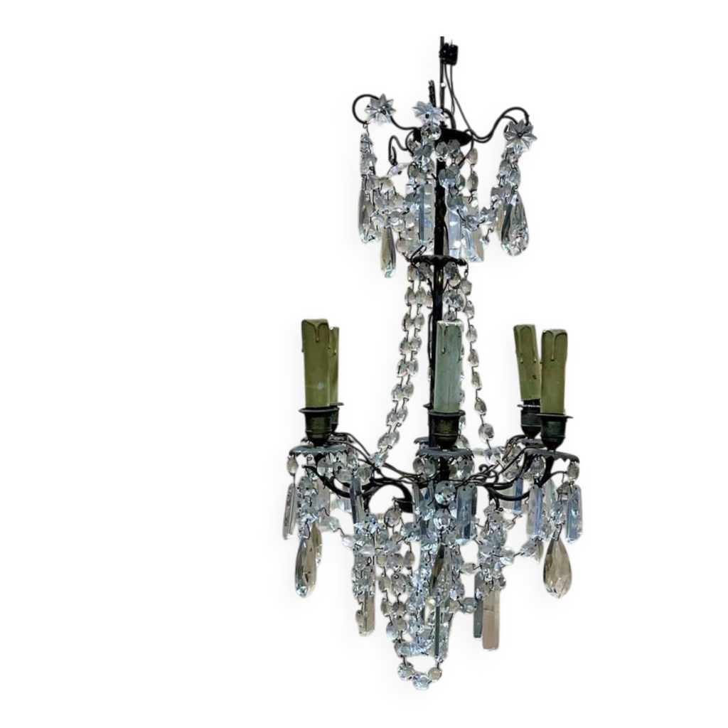Lustre à pampilles et bronze début XXème 5 feux | Selency