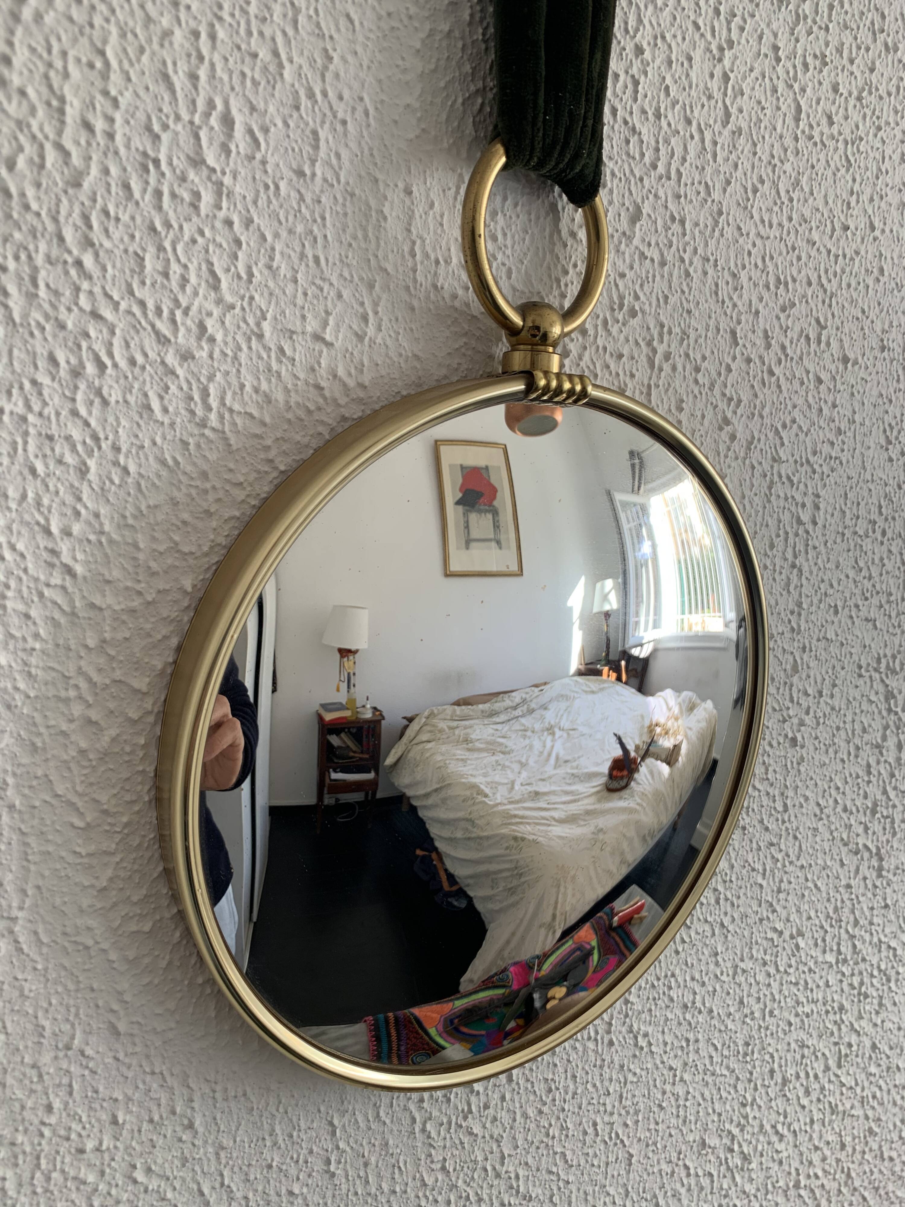 Vintage 1960 witch's eye mirror with green ribbon - 20 x 67 cm