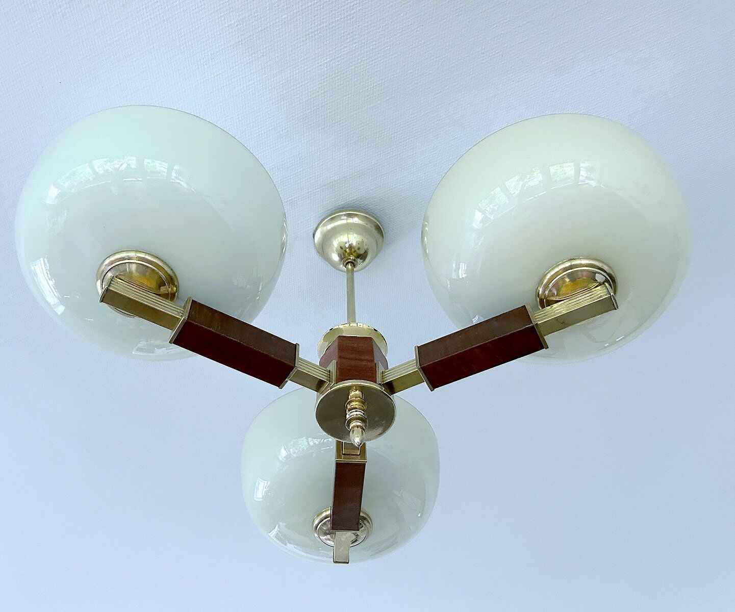 Large Art Deco pendant light in wood and glass, 1930s