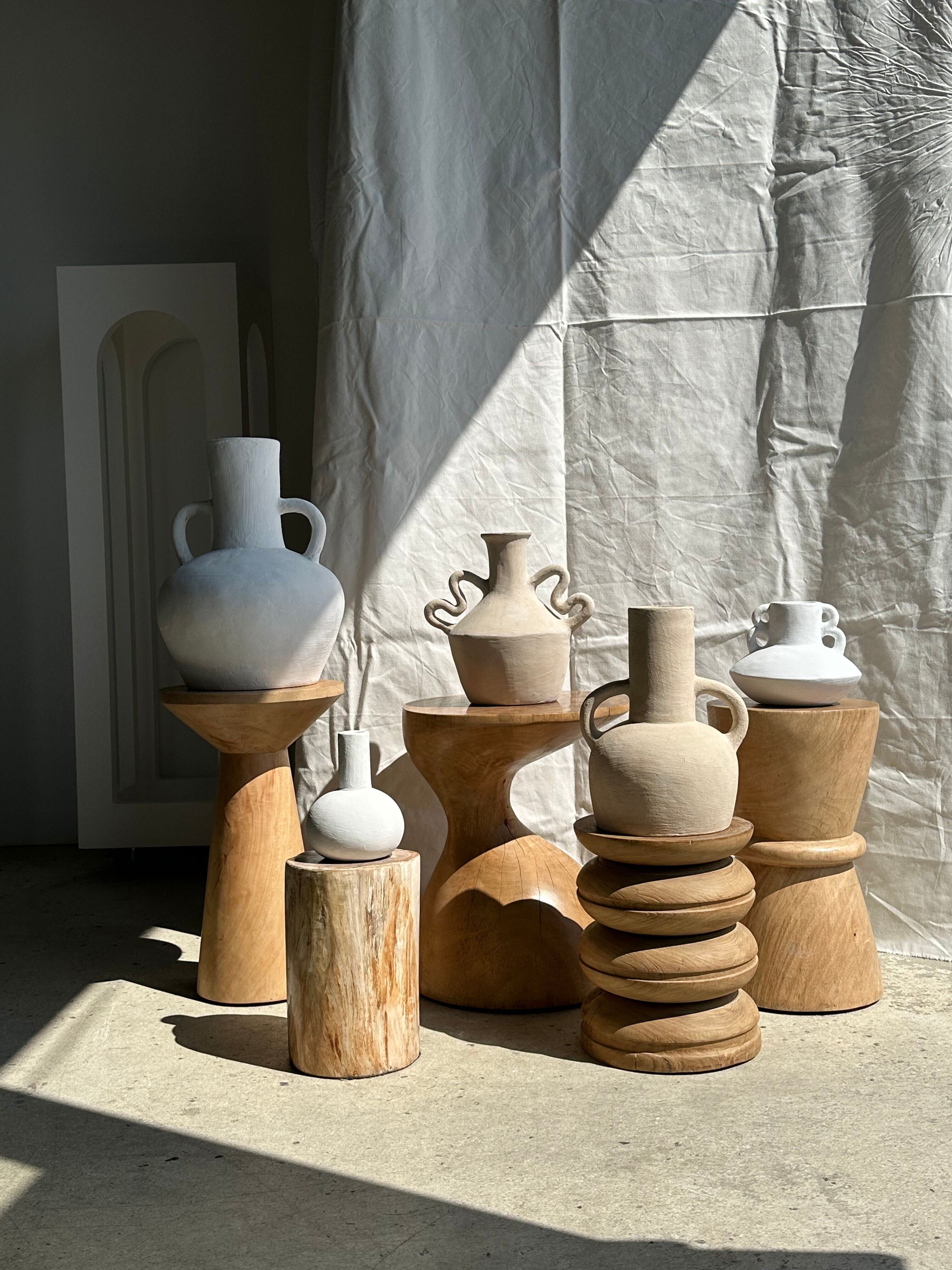 Handmade terracotta vase painted white with double handles H:16 D:20