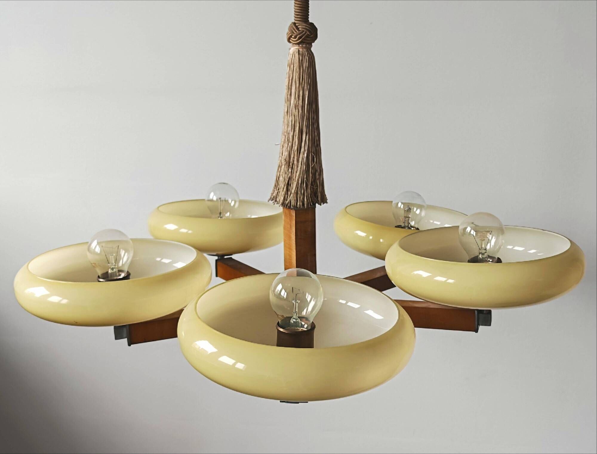 Art Deco Chandelier with 5 Arms and Round Shades from the 1930s