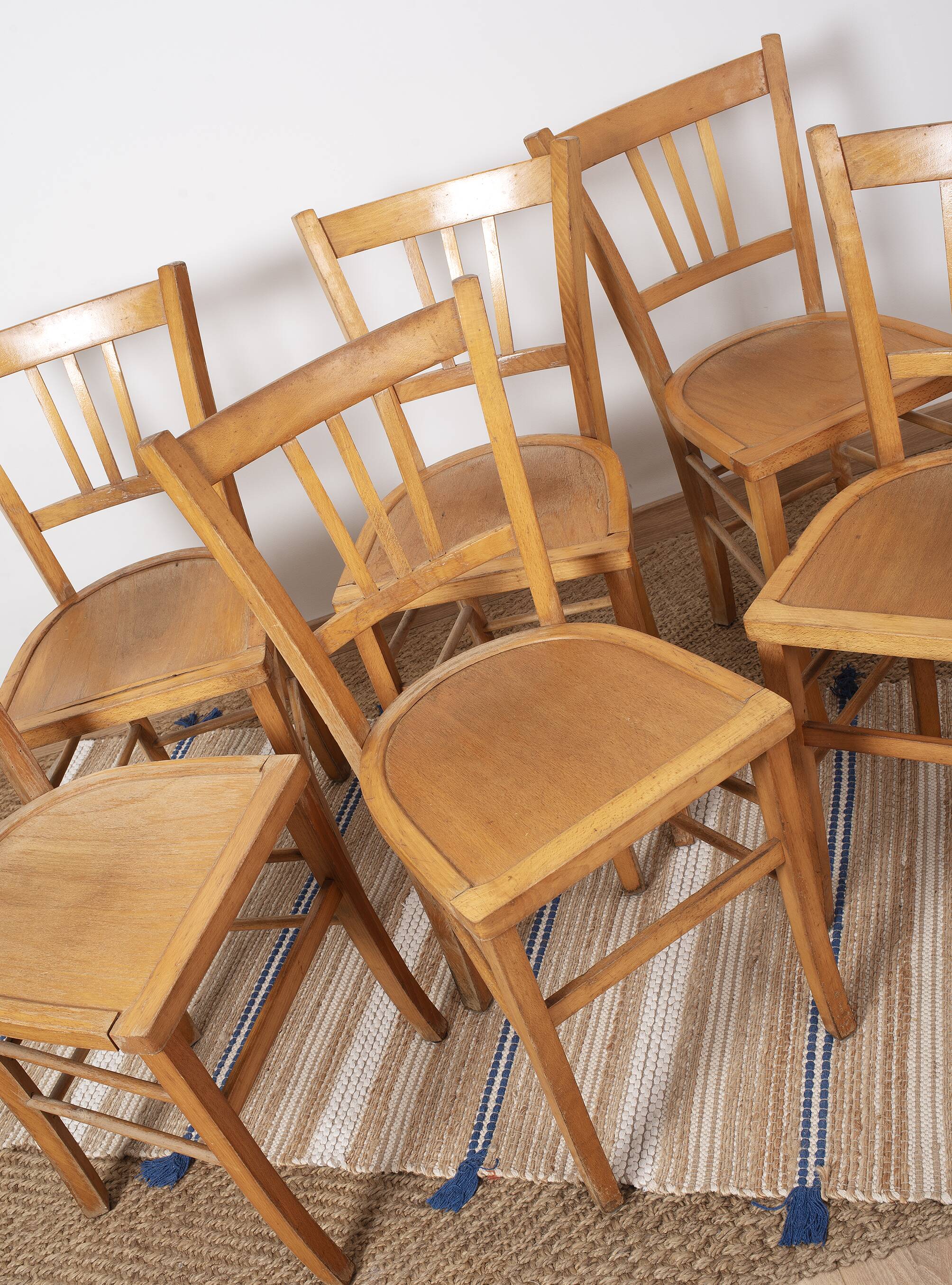 6 bistro chairs, blond wood, typical Luterma brand, 1950s-60s