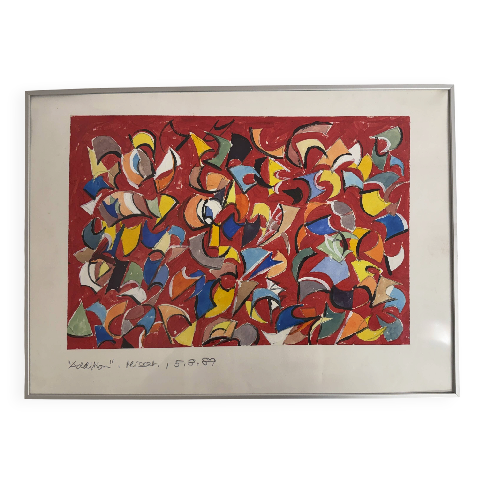 Helmut Dittmann – "Addition", Dynamic Abstract Painting on Red Ground, 1989