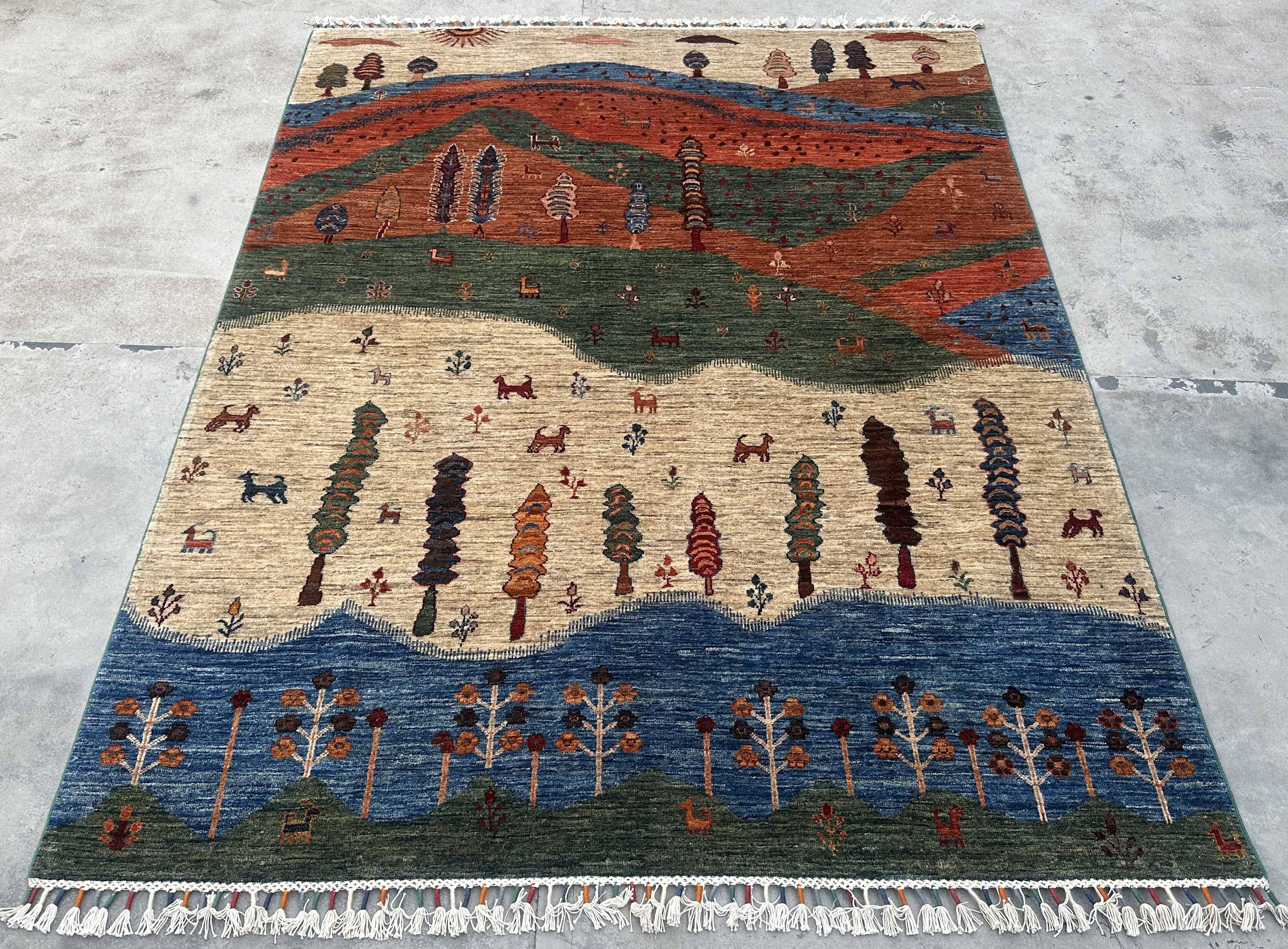 Gabbeh-Style Hand-Knotted Wool Rug with Abstract Landscape – 238×175 cm