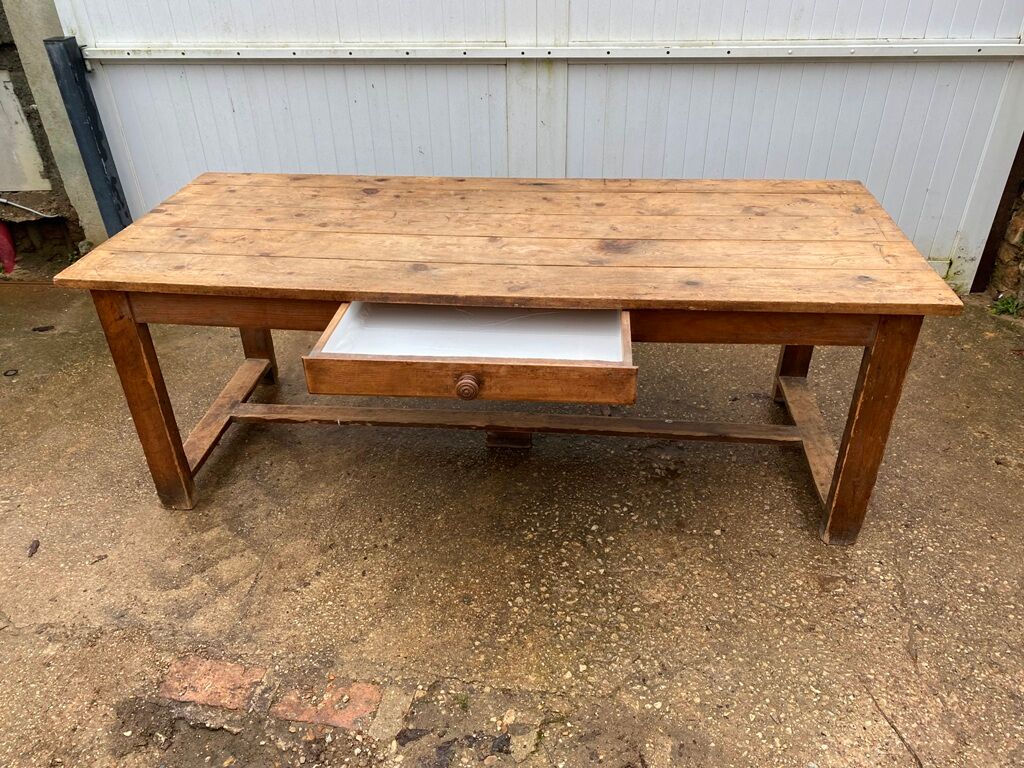 Farmhouse dining table 205cm for 8/10 people in solid pine with 1 drawer 1930