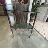 Vintage 1950s silver metal bar cart with wheels and two glass shelves