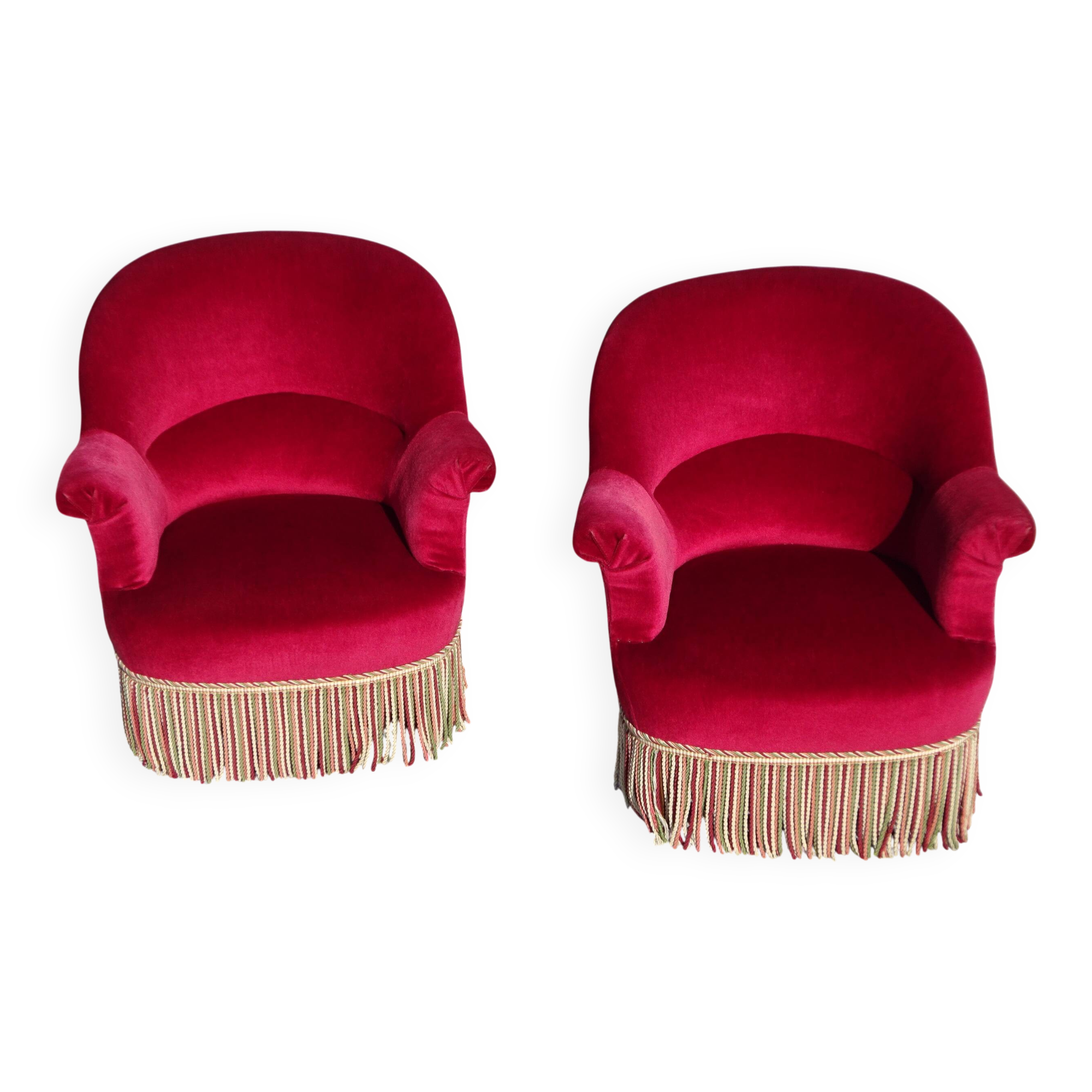 2 antique toad armchairs in red velvet